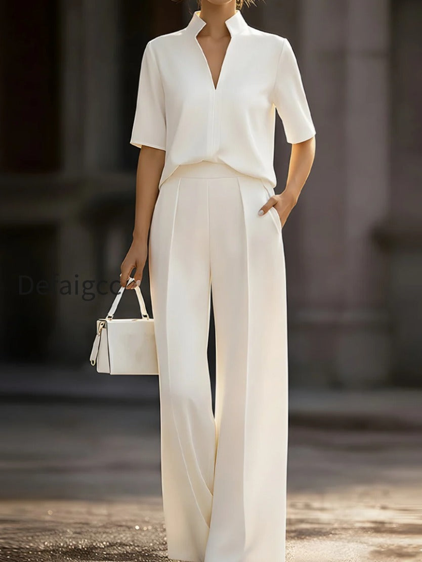 ivory-stand-collar-split-neck-blouse-wide-leg-pants-two-piece-suit
