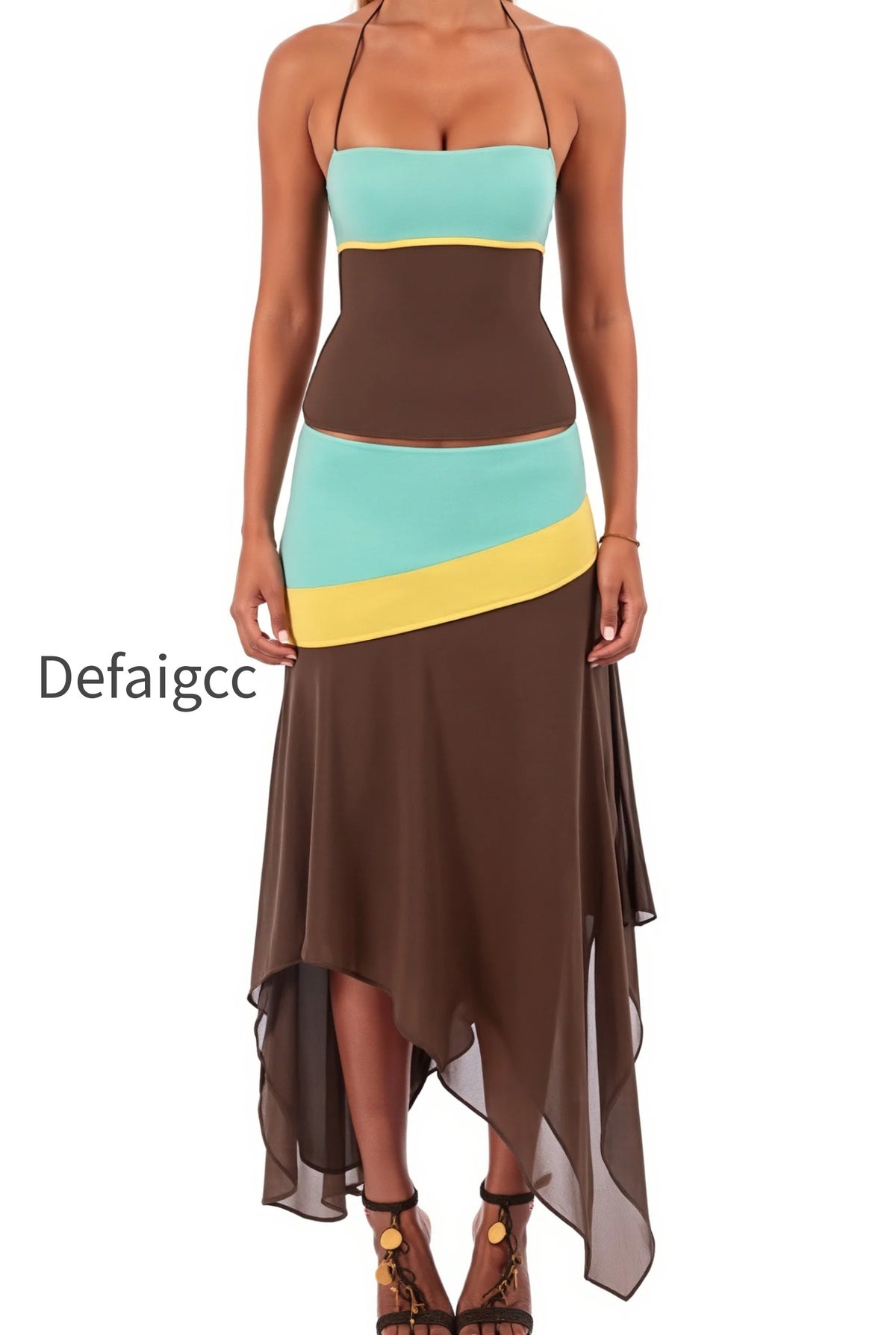 color-block-splice-irregular-skirt-set