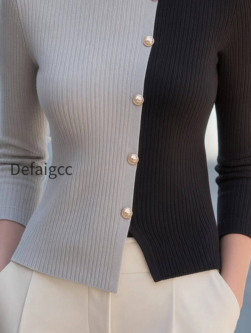 colorblock-asymmetric-button-front-ribbed-knit-top