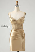 golden-spaghetti-straps-bodycon-corset-satin-homecoming-dress-with-slit