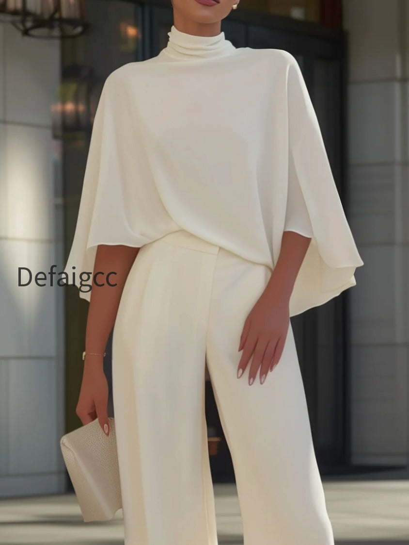 cape-sleeve-high-neck-blouse-slit-wide-leg-trousers-set