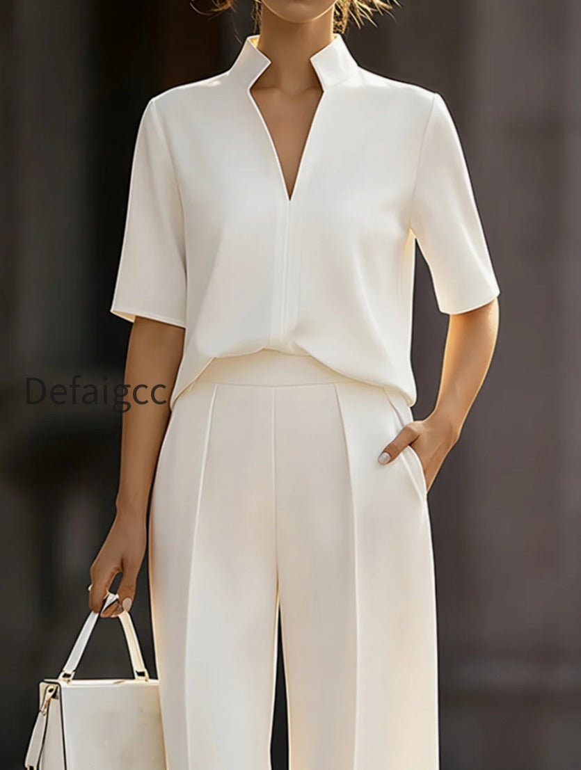 ivory-stand-collar-split-neck-blouse-wide-leg-pants-two-piece-suit