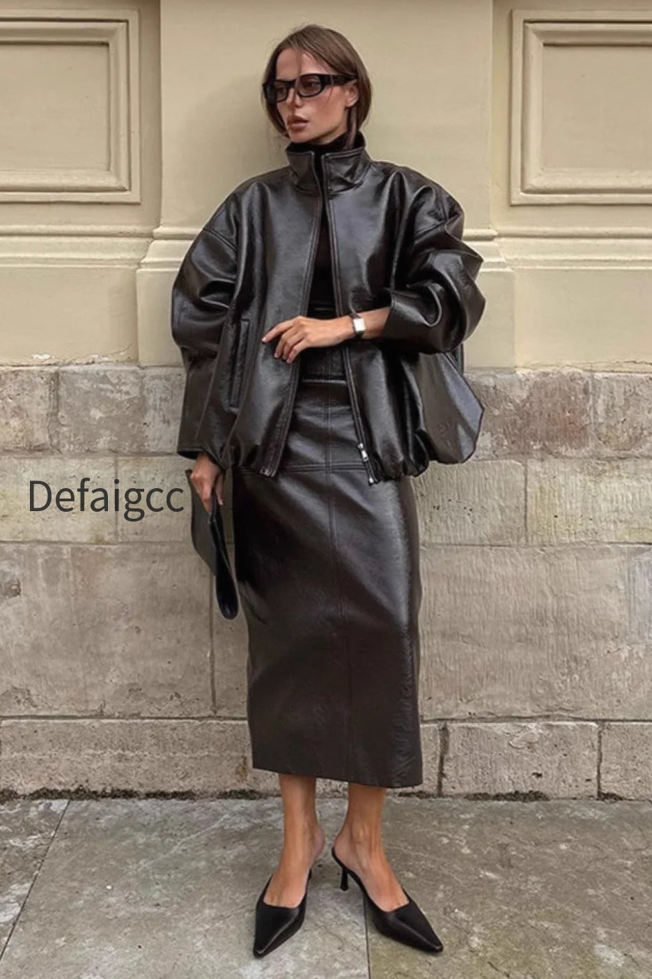 chic-solid-patent-leather-stand-collar-jacket-skirt-two-piece-set