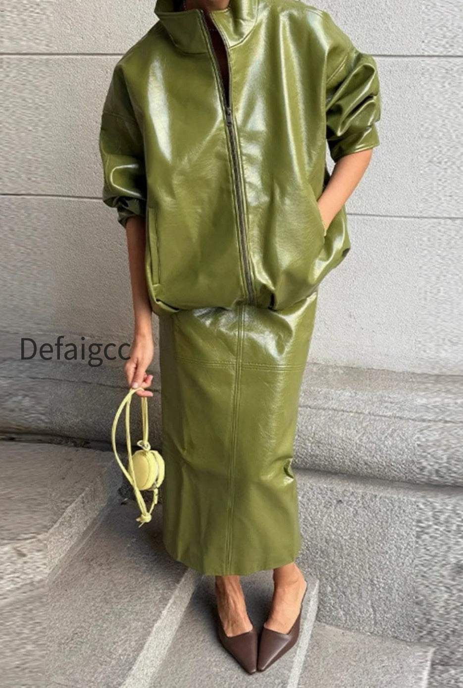 chic-solid-patent-leather-stand-collar-jacket-skirt-two-piece-set