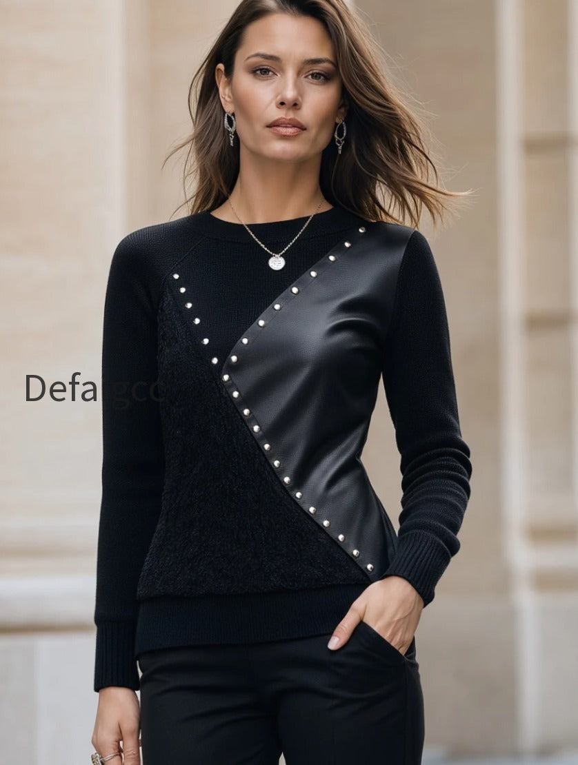studded-faux-leather-panel-structured-knit-top