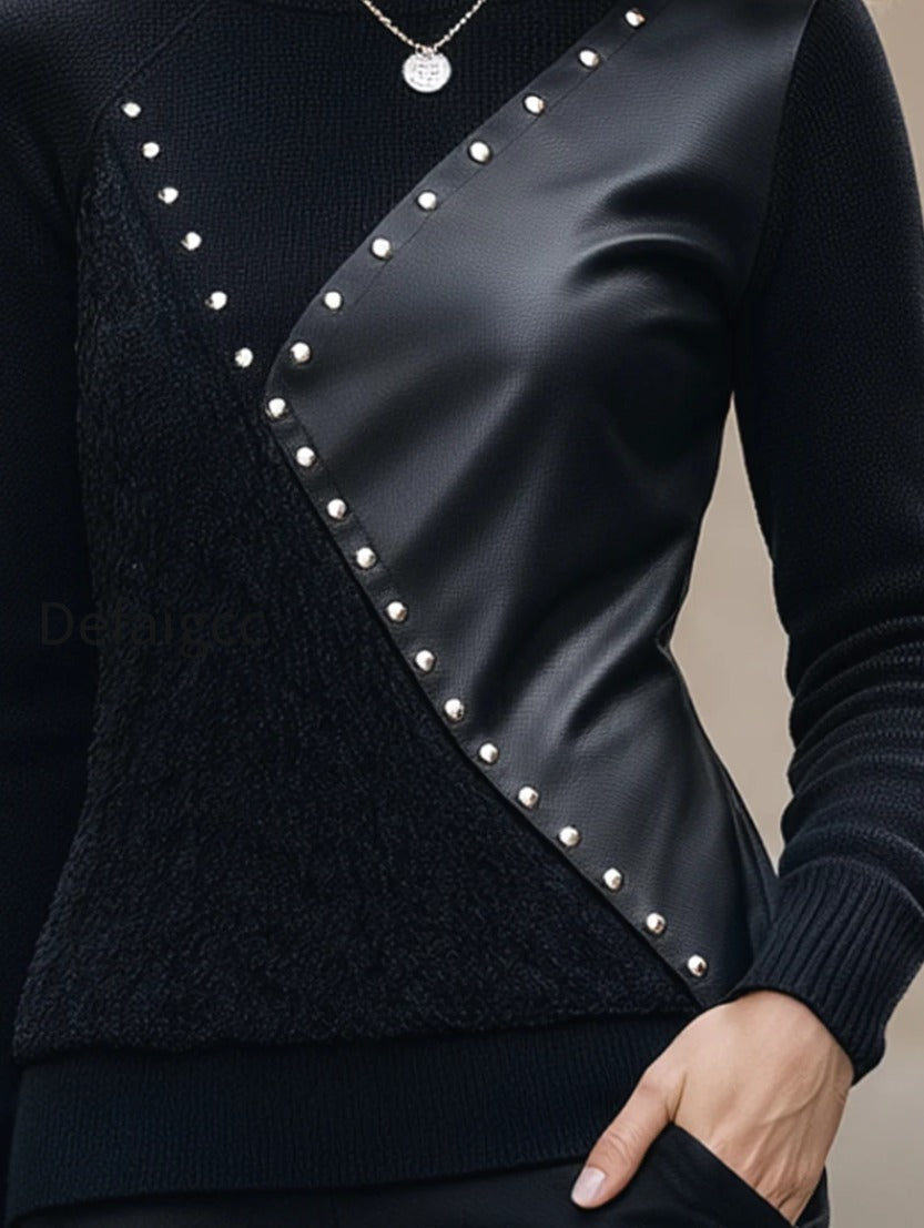 studded-faux-leather-panel-structured-knit-top