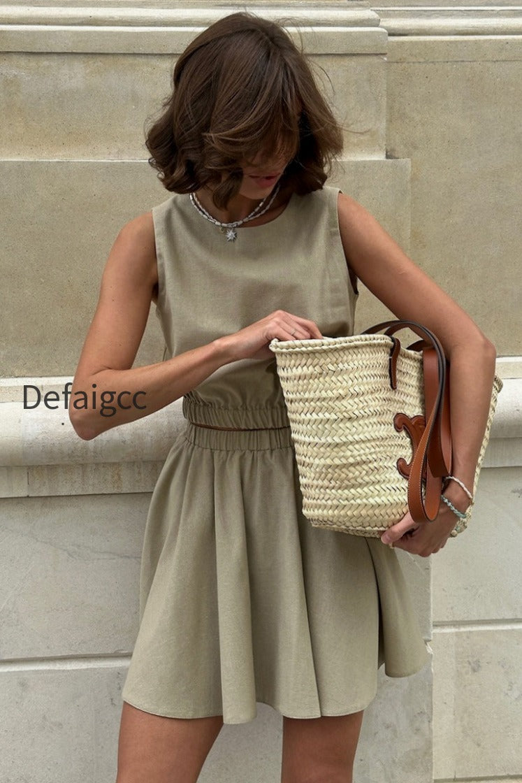 cotton-linen-tank-pleated-skirt-set