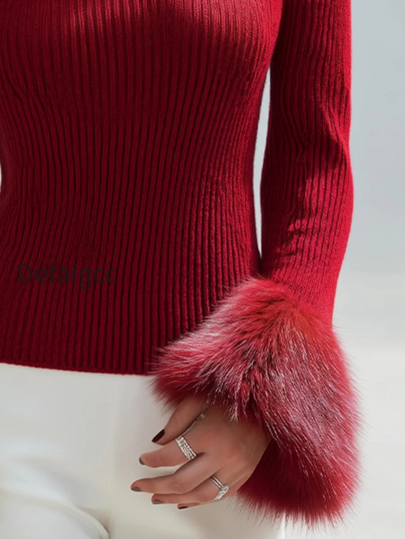 faux-fur-cuffs-boat-neck-ribbed-knit-sweater