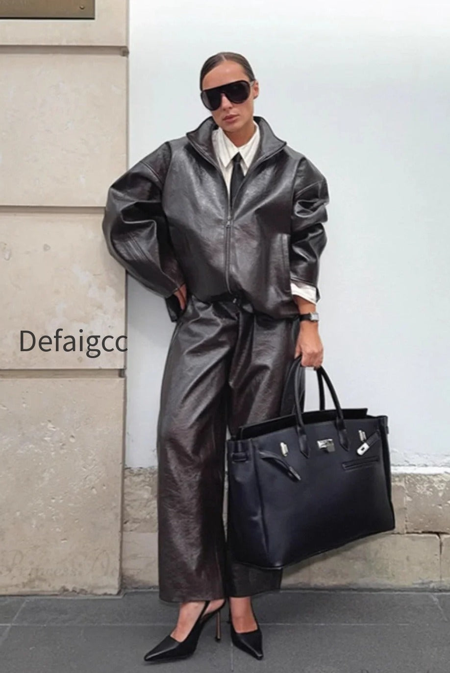 chic-solid-patent-leather-stand-collar-jacket-skirt-two-piece-set