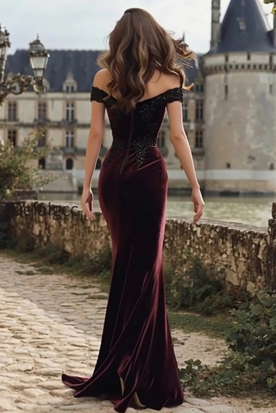 burgundy-velvet-appliqued-mermaid-long-holiday-party-dress-with-slit