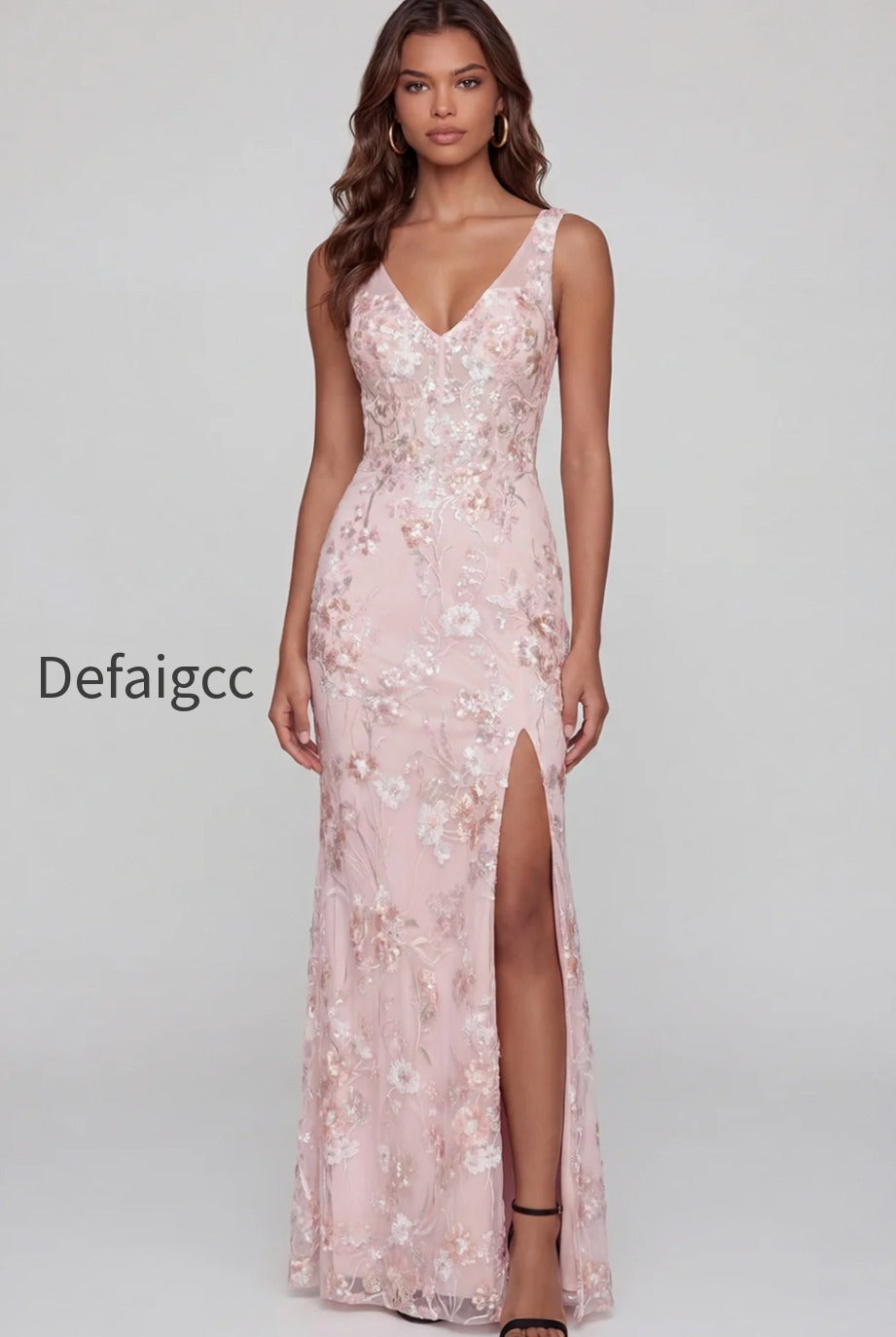 pink-floral-v-neck-mermaid-long-wedding-guest-dress-with-slit