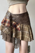 plaid-lace-patchwork-belted-skirt