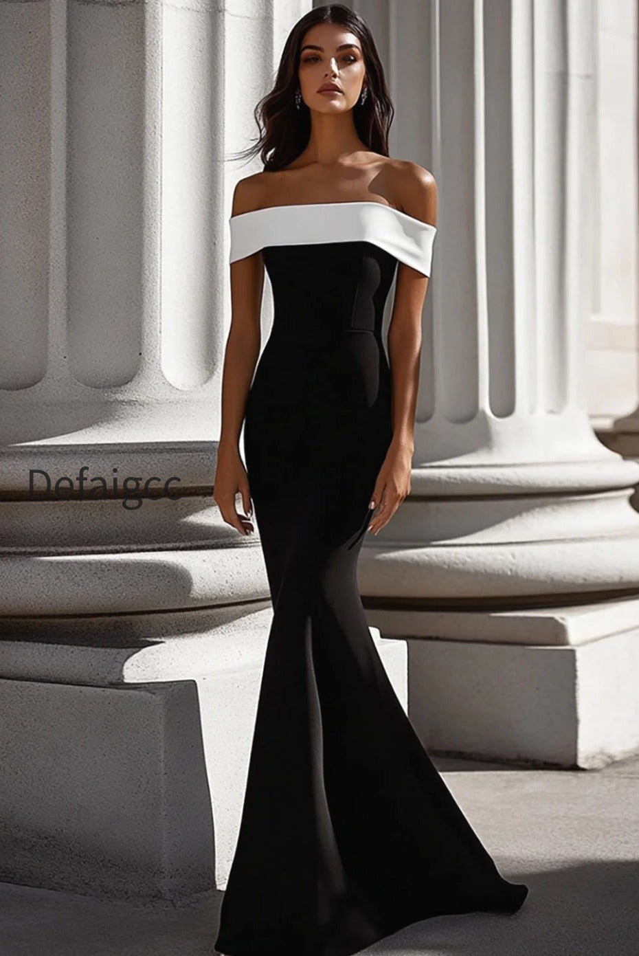 white-mermaid-satin-long-off-the-shoulder-black-tie-dress