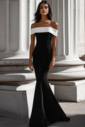 white-mermaid-satin-long-off-the-shoulder-black-tie-dress