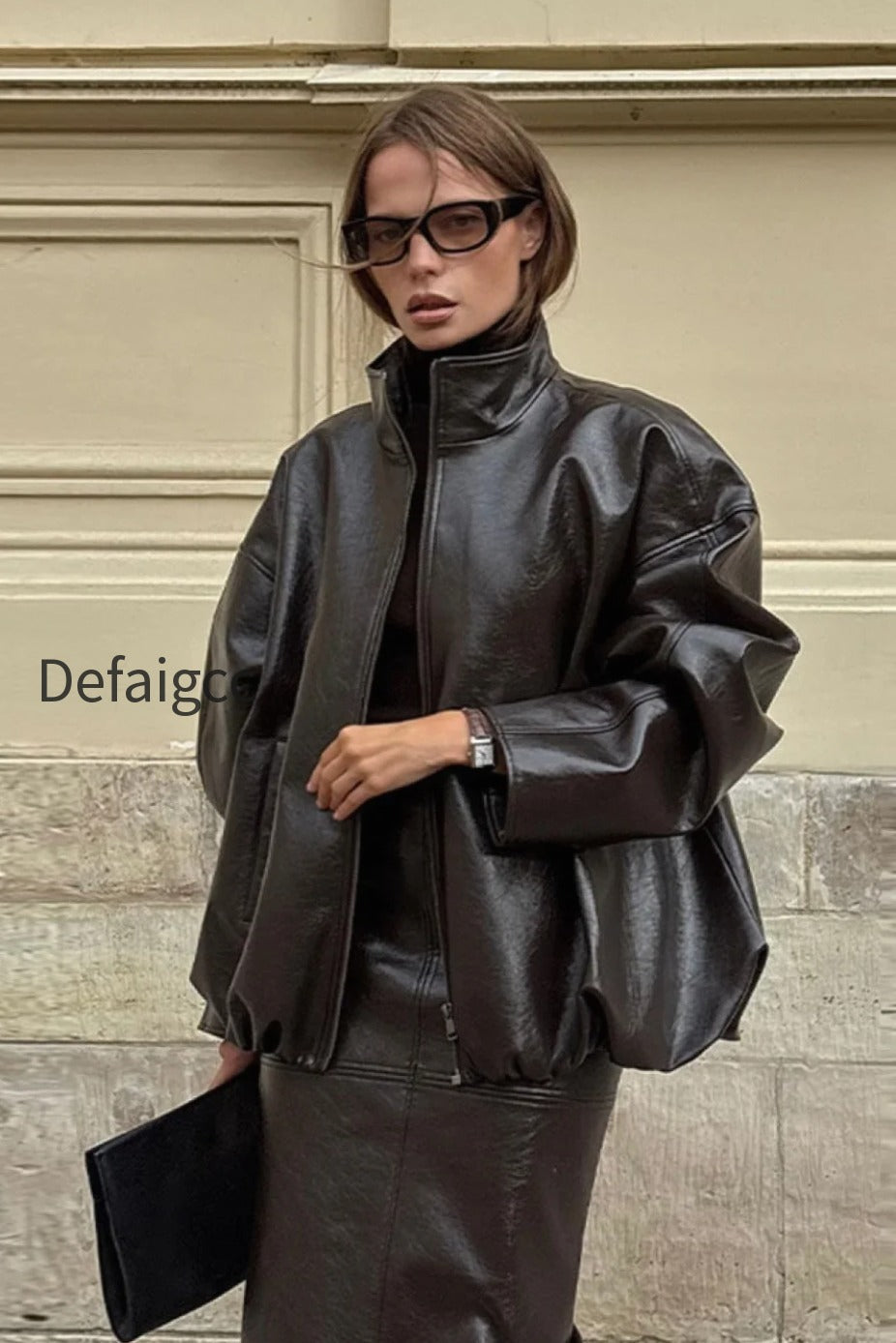 chic-solid-patent-leather-stand-collar-jacket-skirt-two-piece-set