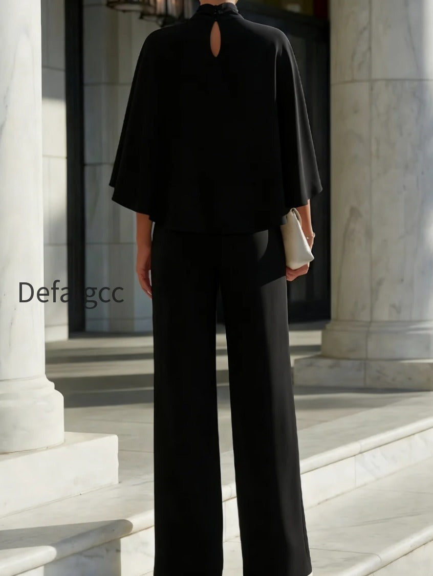 cape-sleeve-high-neck-blouse-slit-wide-leg-trousers-set