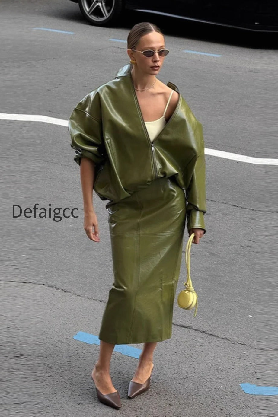 chic-solid-patent-leather-stand-collar-jacket-skirt-two-piece-set